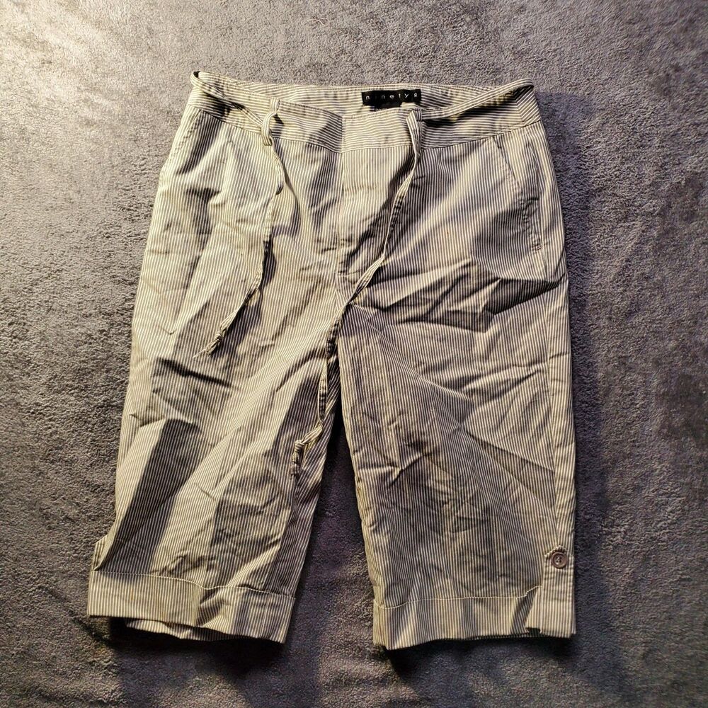 Y2K Ninety Bermuda Short Capri Pants Tie Belt Pinstripes Size 8 Indie Sleaze